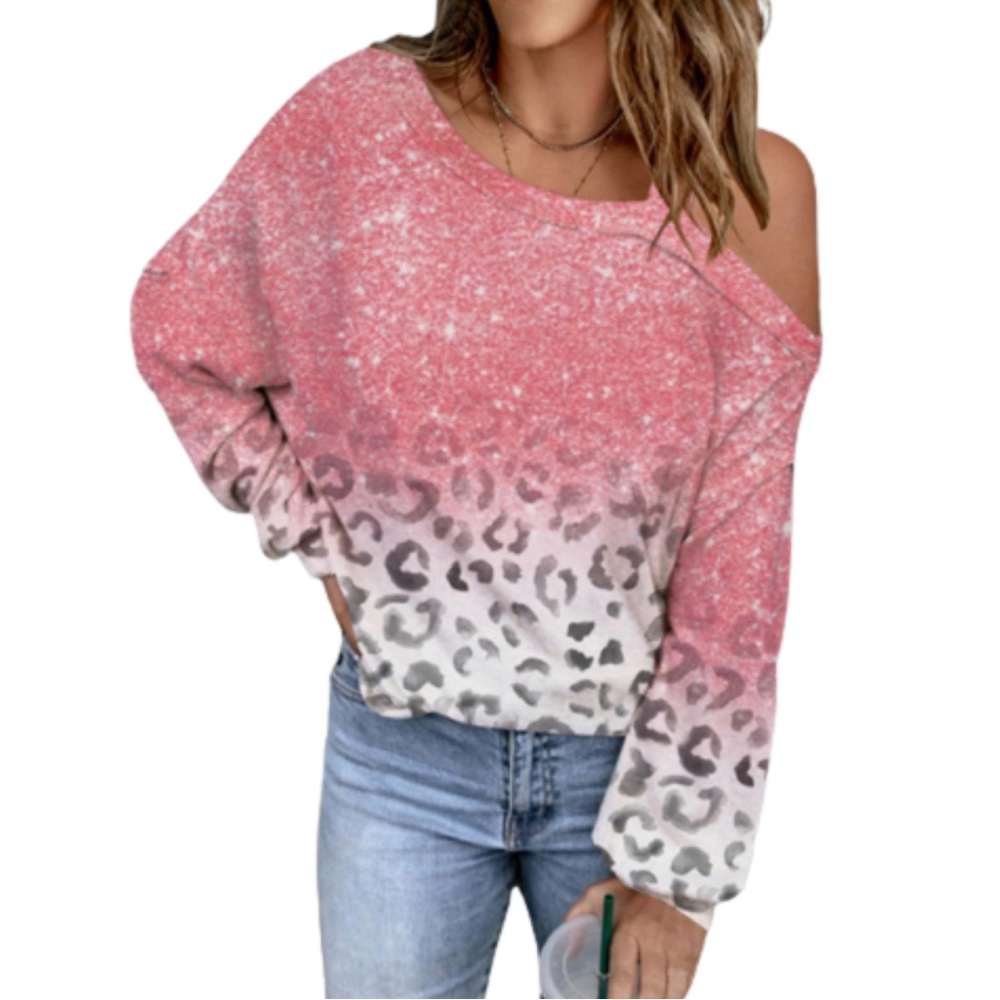 👚SHEIN Women Cold Shoulder Sleeve Top Pink Leopard Print Size 2XL